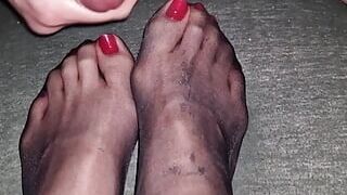 Cum on nylon red toenails...
