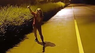 Horny amateur slut dancing naked in public. Pissing, flashing and fingering to orgasm.