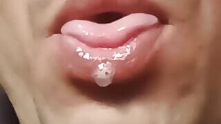Red Crossdresser lips massage for eating sperm condom