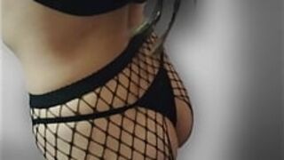 My husband fucks me in black thong and Fishnet tights