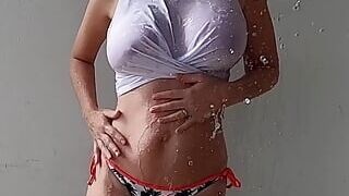 Amazing wife gets her perfect tits wet in a sensual wet shirt video
