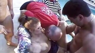 Stunning hot blonde MILF with an amazing good body gets pounded by two BBC