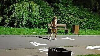 Horny milf walking naked on the bike path