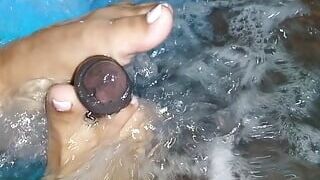 cheating wife doing footjob to a big black cock masturbating him with his feet and soles in the tub