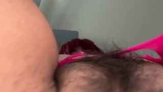 Solo girl stretching her bushy vagina with thick dildo! Close-up POV