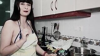 Naughty French shows you a recipe in a naughty way, masturbates and sucks a cock, oral cumshot