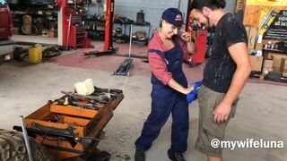 Mature mechanic lady prefers hot anal sex instead of paying for work.