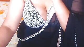 Desi Indian trisha bhabhi work from home in sexy black saree and teasing with her big boobs