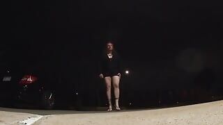 Sissy Mature CD out and about outdoors at night in a parking lot for showing off.