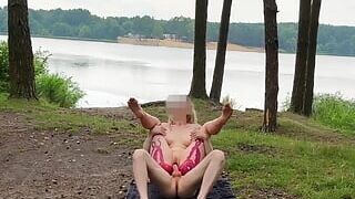 Naked blonde roughly rides big cock outdoors in forest until gets huge cumshot load on boobs