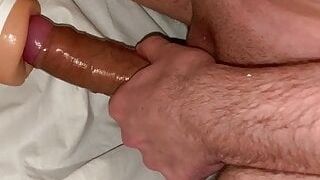 A little more and a big white hard cock will cum from a pocket pussy
