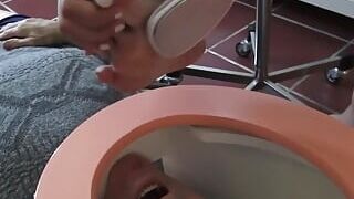 Toilet trash for pedicures and spit!  Madame Carla degrades her old slave as a pedicure slave and spittoon!