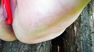 Naked Vagina spanking in the woods