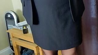 All set for work and hoping to flash the boss my mature bald pussy in crotchless pantyhose. I'm 52 and he's 30.