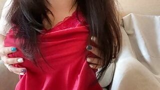 Mistress Lara touches her boobs dressed in sexy nightie