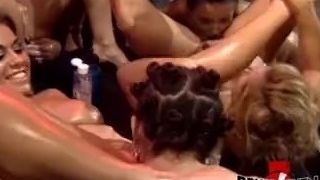 Lubed up lesbians fingering and ass fucking in hardcore orgy