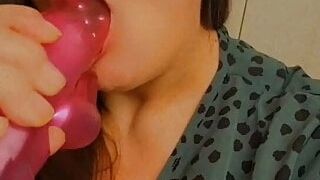 Sexy, horny BBW Cougar MILF sucking that dildo and getting it nice and wet for her tight wet pussy