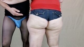 PAWG Fat Booty in Denim Booty shorts and Lover in Pantyhose and Thong - Fetish Couple Having Fun!