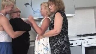 Steamy gang bang-out with aged step moms and youthfull dude