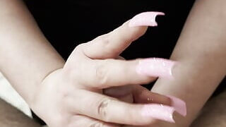 Long pink nails hand job, he cums in my hand