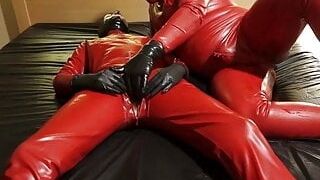 Latex Danielle in catsuit have latex masturbating games with his slave