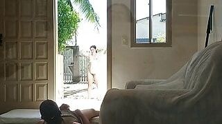 Naughty wife teasing delivery guy in front of her cuckold