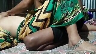 Wife sex in green saree with Hushband friend in night