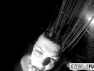 Brunette babe Jezebelle gets steamy in the shower